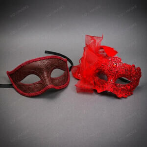Venetian Lace Feather Glitter Masquerade Halloween Party mask Red Maroon
